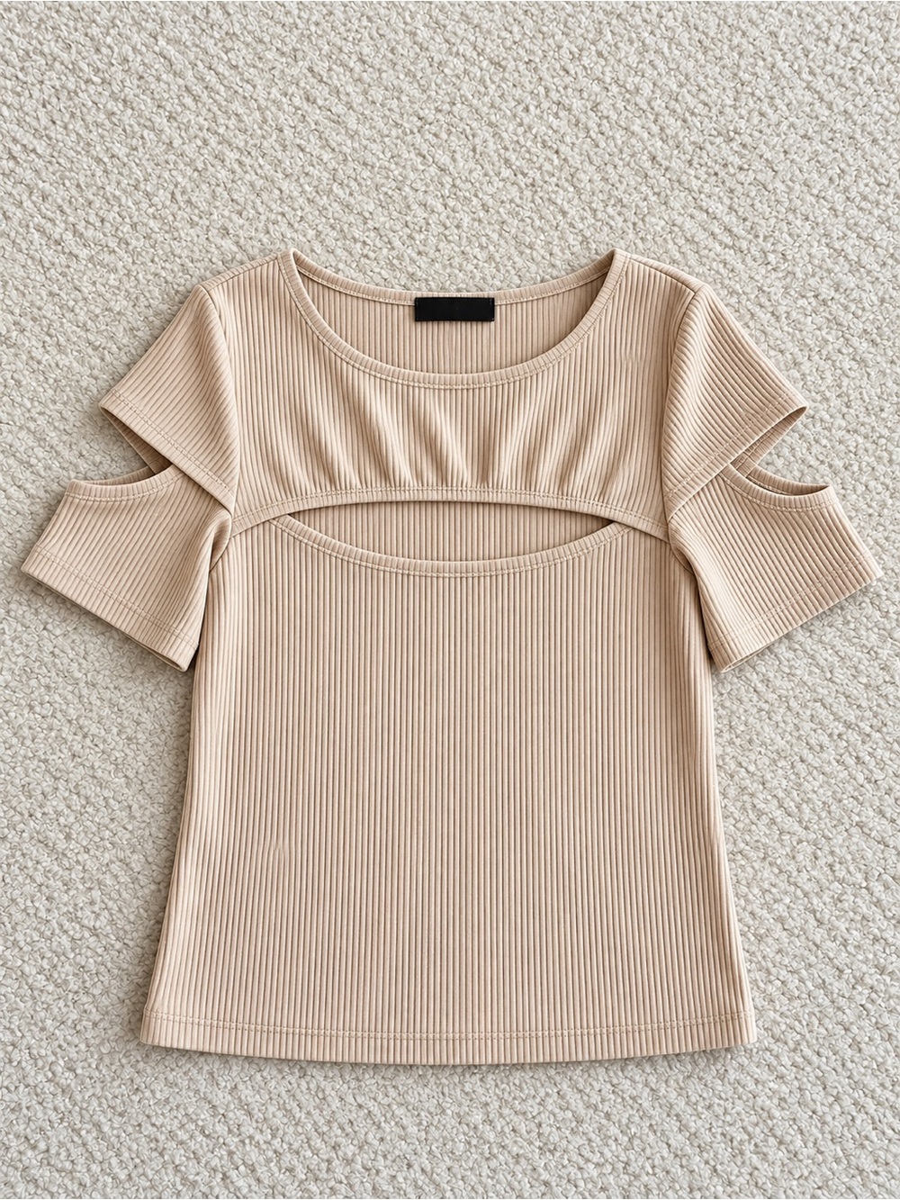 Beige Ribbed Cold Shoulder Top - Picture 2 of 5